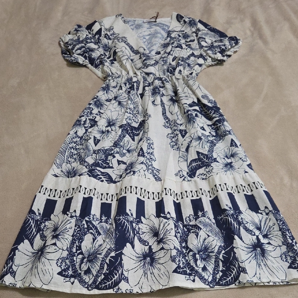 NWT Spighe Di Lino Large Navy Floral Lightweight Midi Dress With Pockets - Picture 4 of 10